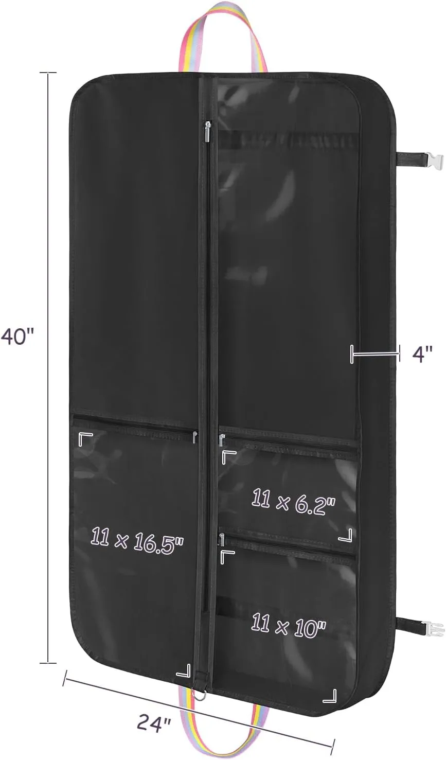 Kids Garment Bags for Dance Costumes, 40" Dance Costume Garment Bag for Dance Competition with Multi Pockets and Rainbow Handles Perfect for Dance Recitals and Practice, Black