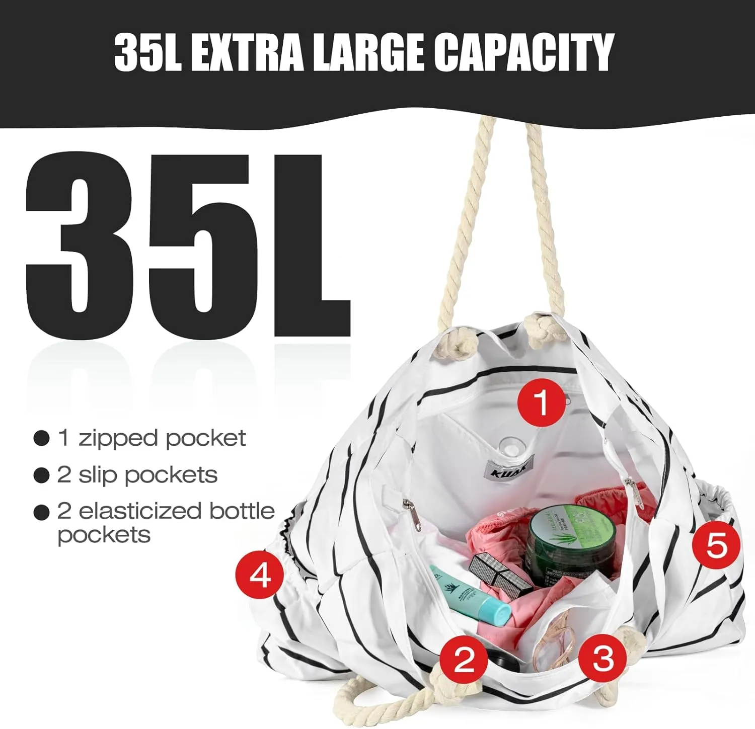 KUAK Beach Bag, Large Beach Bags for Women Waterproof Sandproof Beach Tote Bag with Zipper and Pockets for Pool Family