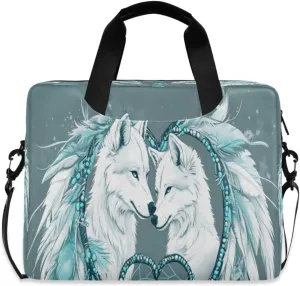 Laptop Bag for Women - Fits 16 inch with Laptop Compartment Carrying Messenger Sleeve with Strap Professional Fashion Travel Purse for Business Office Bag Feathered Love Wolf
