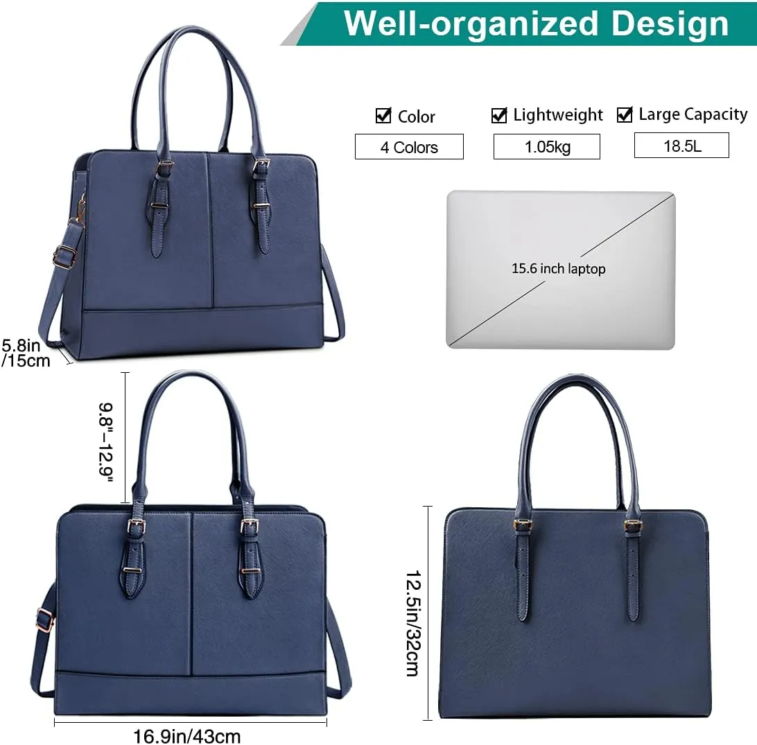 Laptop Bag for Women Leather Work Tote 15.6 Inch Laptop for Computer Bag Waterproof Business Office Professional Large Capacity Handbag Shoulder Bag Blue