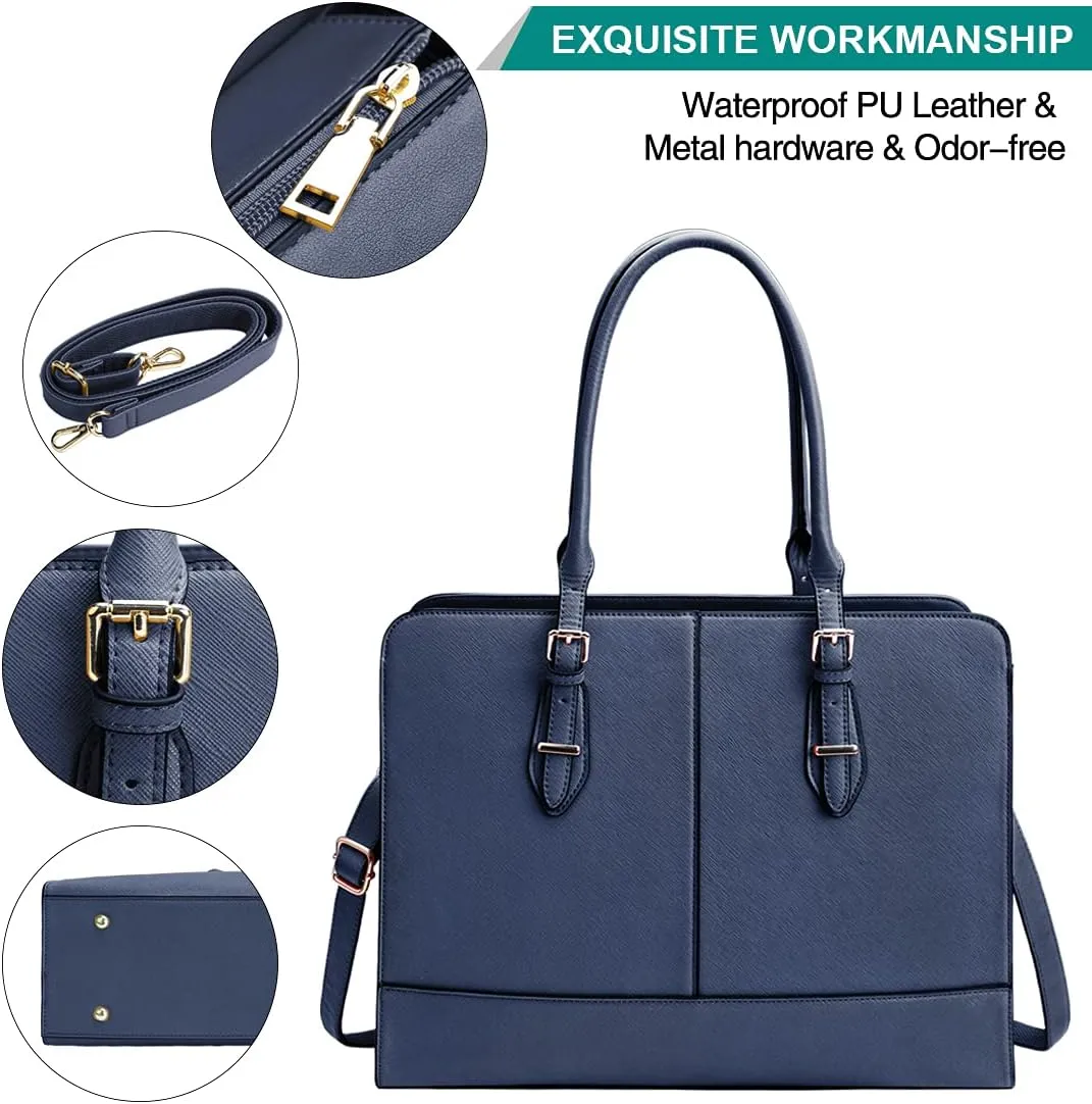 Laptop Bag for Women Leather Work Tote 15.6 Inch Laptop for Computer Bag Waterproof Business Office Professional Large Capacity Handbag Shoulder Bag Blue