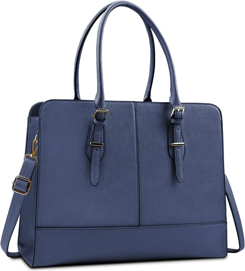 Laptop Bag for Women Leather Work Tote 15.6 Inch Laptop for Computer Bag Waterproof Business Office Professional Large Capacity Handbag Shoulder Bag Blue