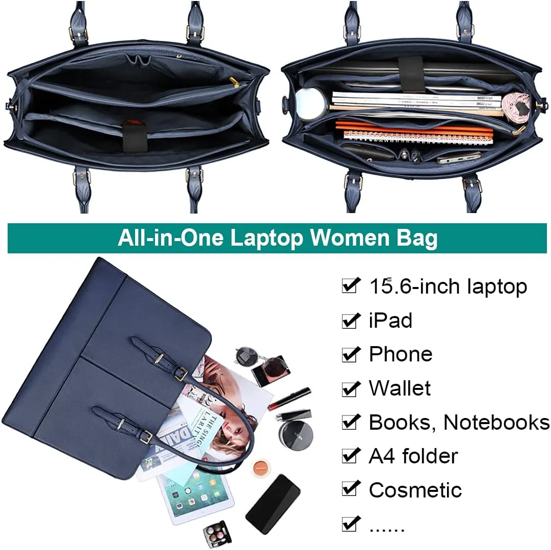 Laptop Bag for Women Leather Work Tote 15.6 Inch Laptop for Computer Bag Waterproof Business Office Professional Large Capacity Handbag Shoulder Bag Blue