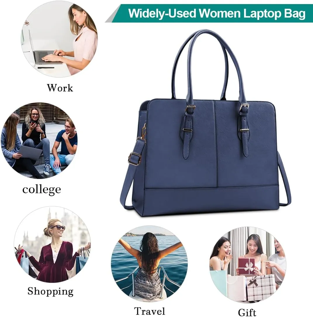 Laptop Bag for Women Leather Work Tote 15.6 Inch Laptop for Computer Bag Waterproof Business Office Professional Large Capacity Handbag Shoulder Bag Blue