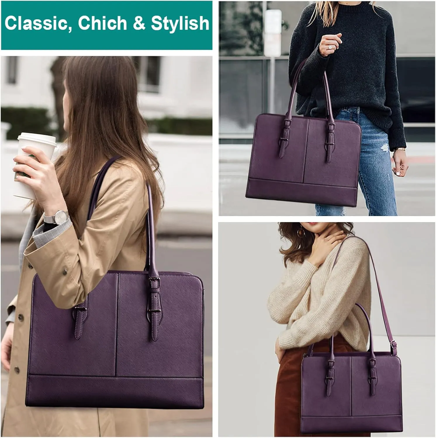 Laptop Bag for Women Leather Work Tote 15.6 Inch Laptop for Computer Bag Waterproof Business Office Professional Large Capacity Handbag Shoulder Bag DeepPurple