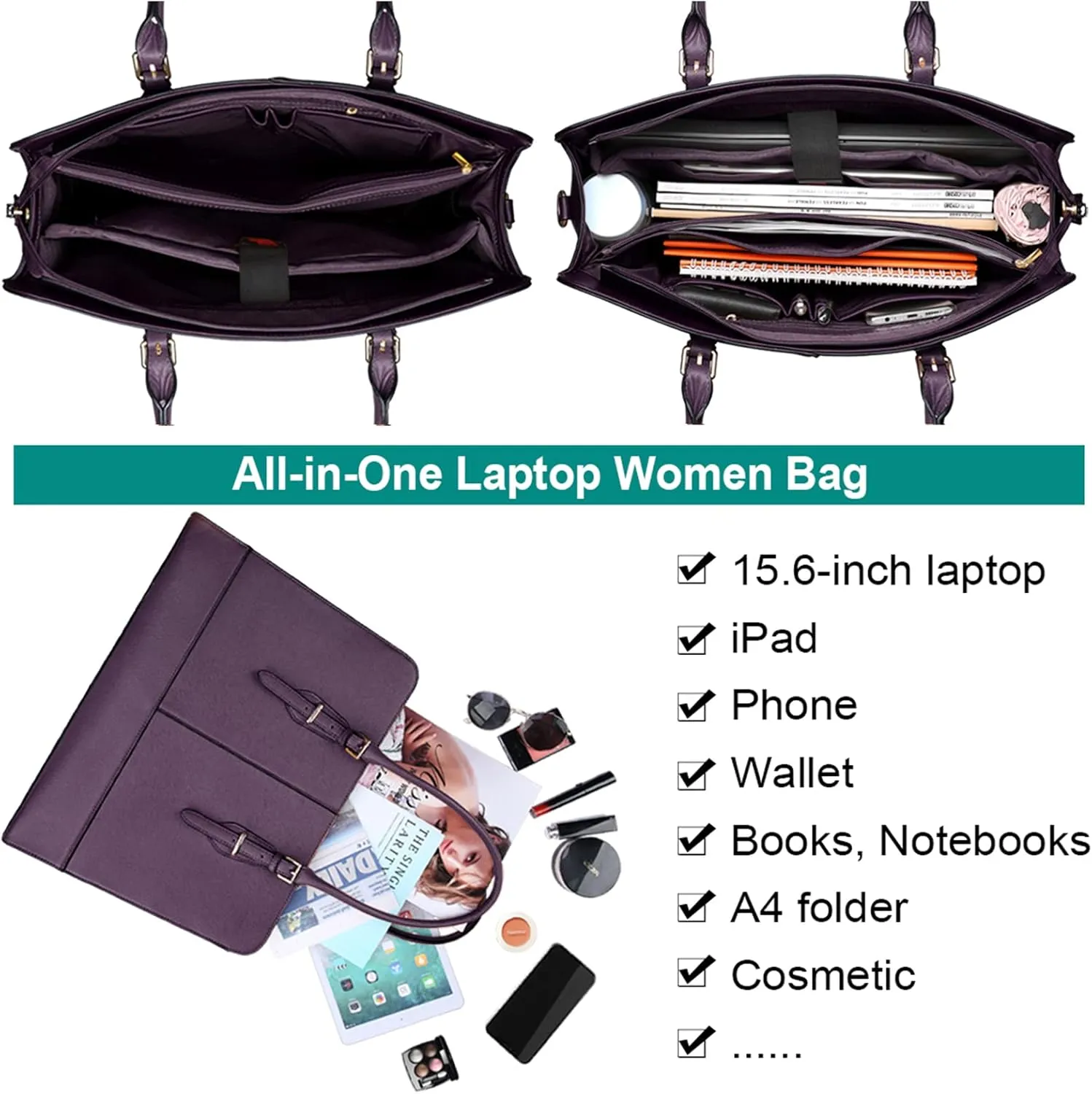 Laptop Bag for Women Leather Work Tote 15.6 Inch Laptop for Computer Bag Waterproof Business Office Professional Large Capacity Handbag Shoulder Bag DeepPurple