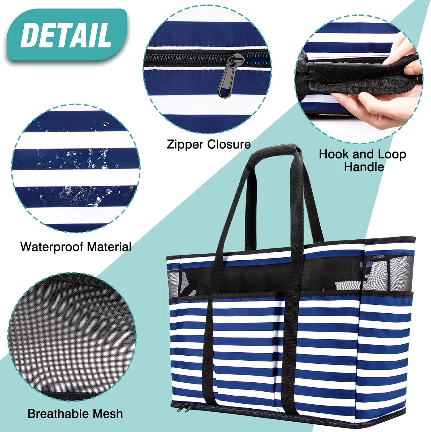 Large Beach Bag with Zipper, 12 Pockets Waterproof Sandproof Pool Bag Womens Mesh Beach Tote Bag for Travel Vacation