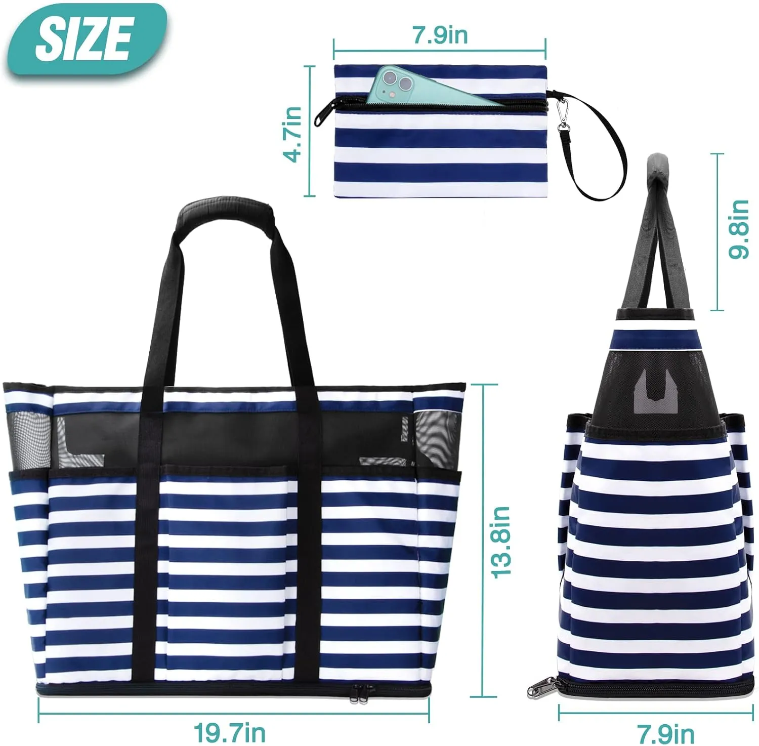 Large Beach Bag with Zipper, 12 Pockets Waterproof Sandproof Pool Bag Womens Mesh Beach Tote Bag for Travel Vacation
