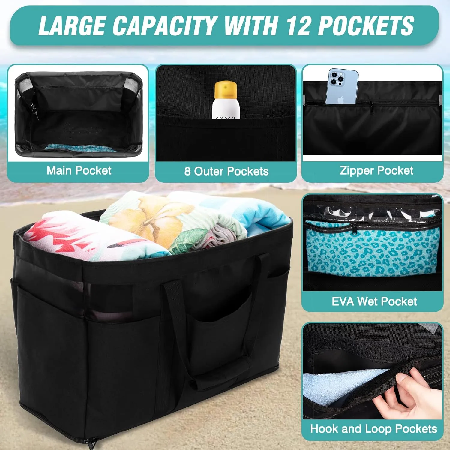 Large Beach Bag with Zipper, 12 Pockets Waterproof Sandproof Pool Bag Womens Mesh Beach Tote Bag for Travel Vacation