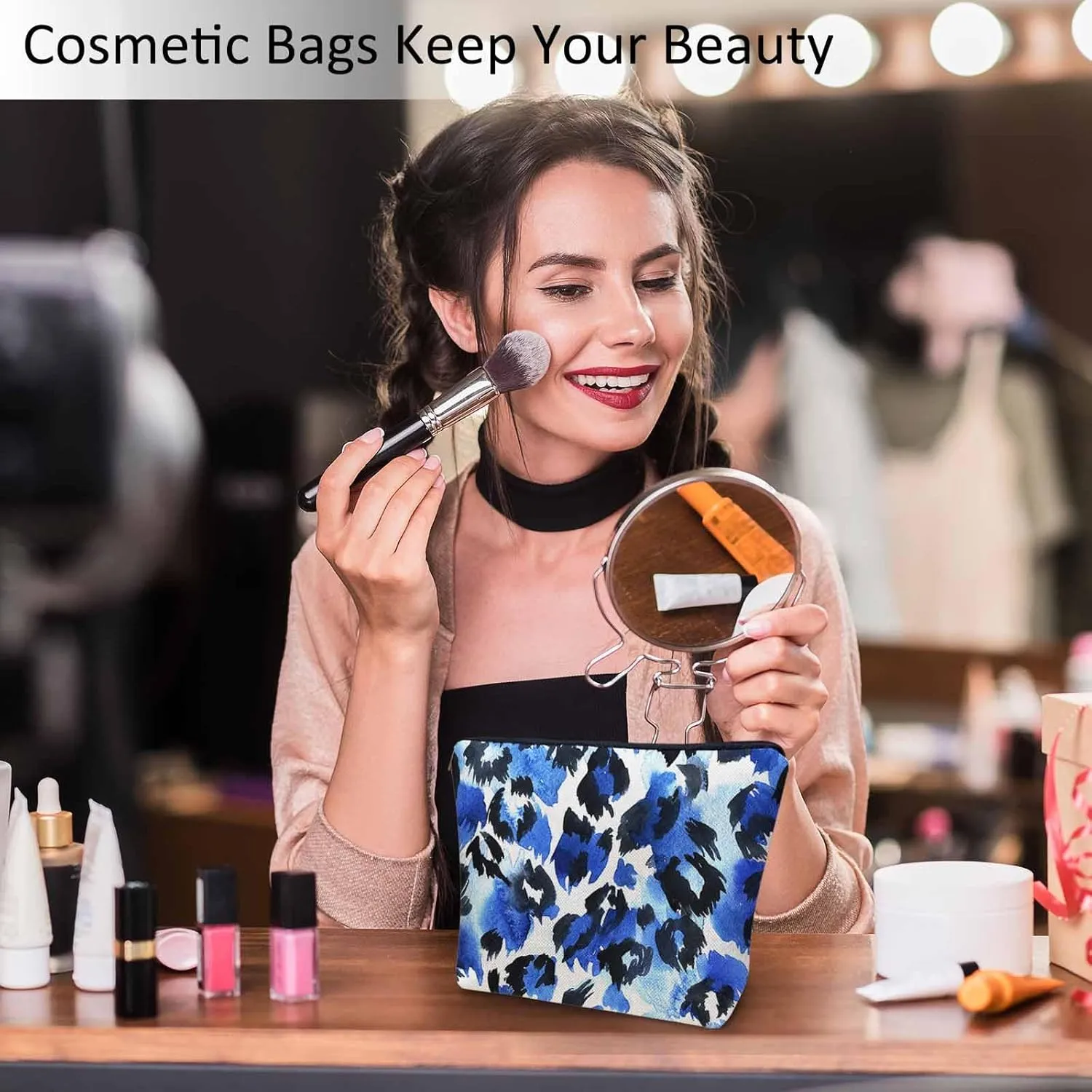 Leopard Print Makeup Bag For Women, Leopard Skin Adorable Cosmetic Bag Makeup Bags, Leopard Fur Zipper Bag Travel Bags Toiletry Organizers Pouch Bags Washing Bags For Gym Bathroom Blue Black