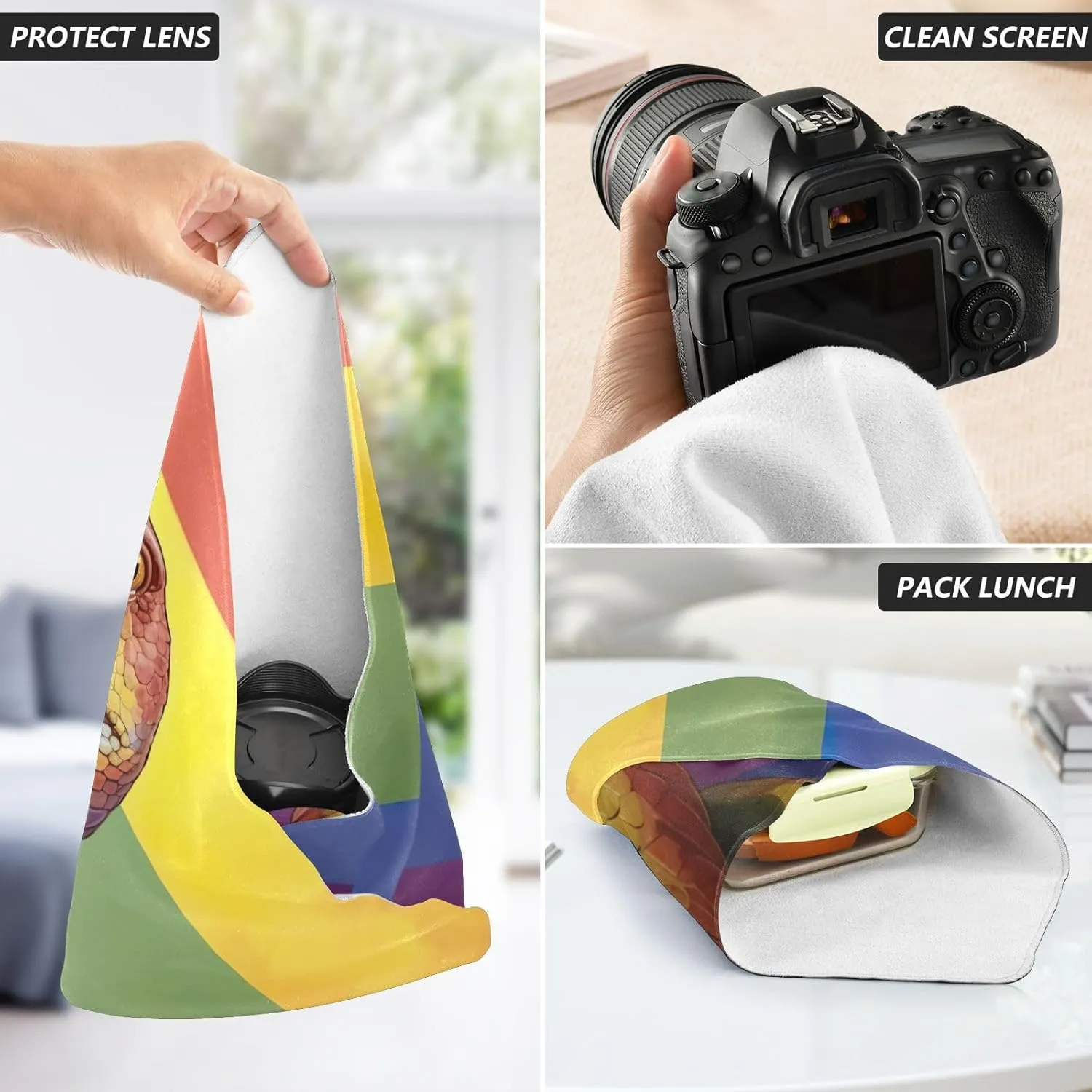 Lgbt Rainbow Snake Pride Magic Self-Adhesive Cloth Protective Camera Lens Wrapper for Photographers Anti-scratch Dustproof Lens Holders for Tablets Camera Lens DSLR Phones Accessories (17.7" x 17.7")