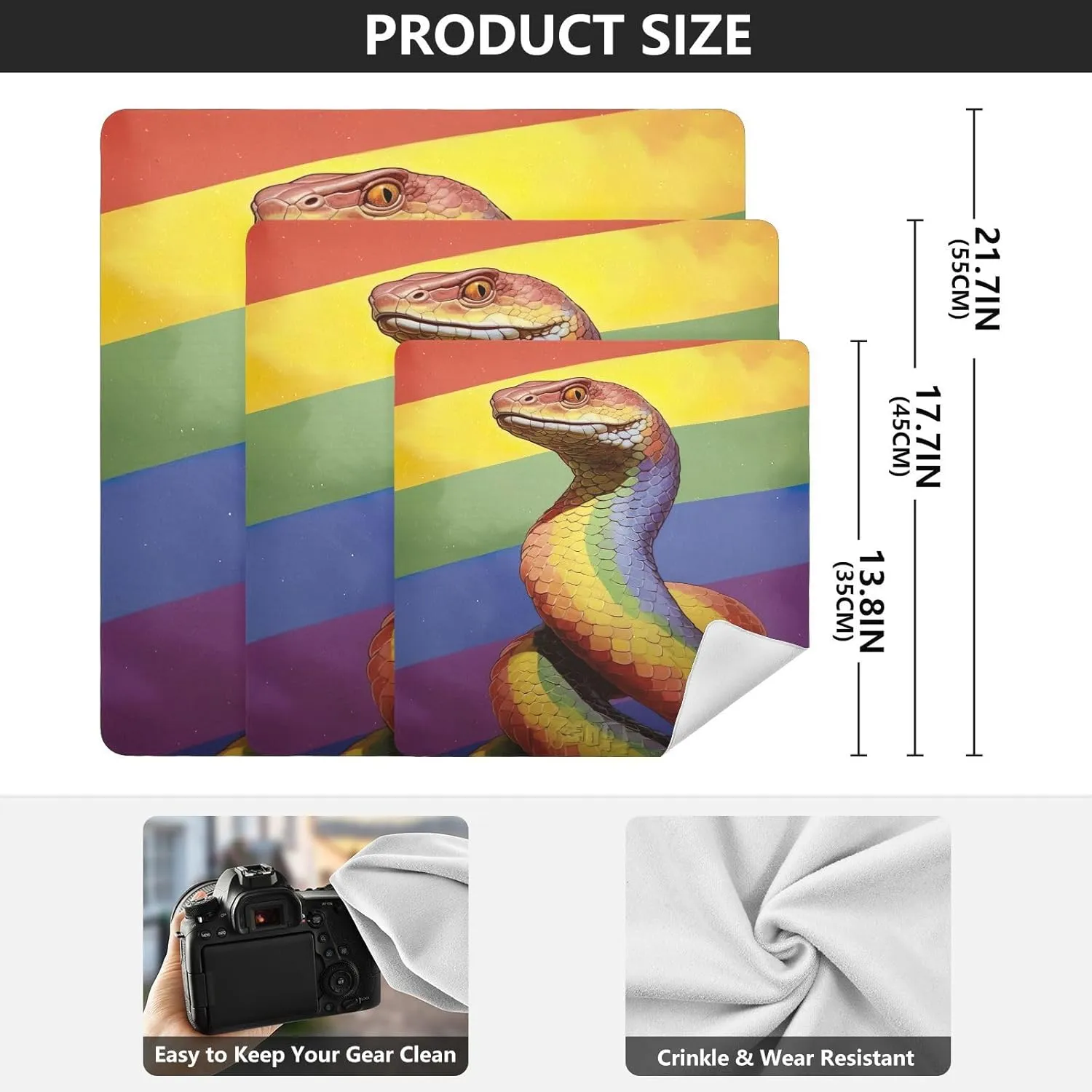Lgbt Rainbow Snake Pride Magic Self-Adhesive Cloth Protective Camera Lens Wrapper for Photographers Anti-scratch Dustproof Lens Holders for Tablets Camera Lens DSLR Phones Accessories (17.7" x 17.7")