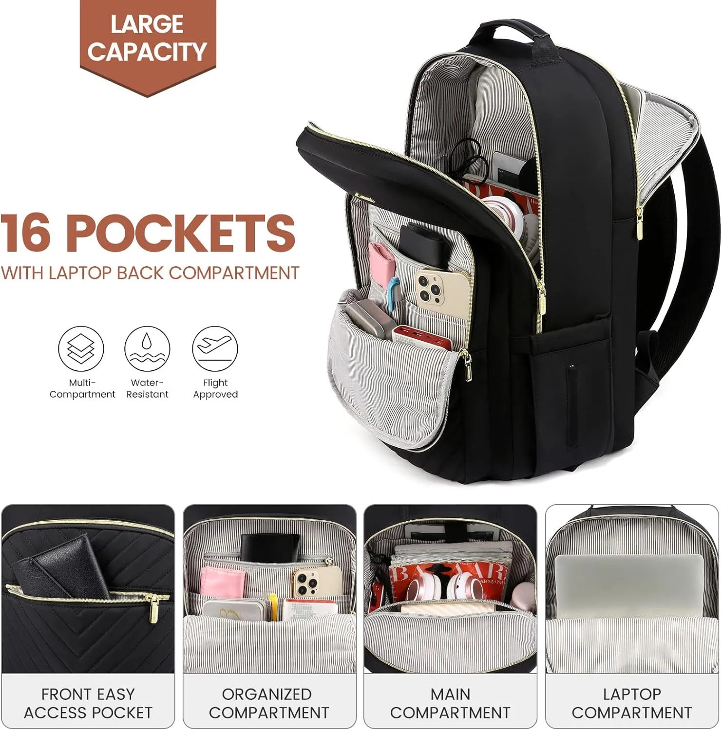 LOVEVOOK Laptop Backpack for Women 17.3 inch,Cute Womens Travel Backpack Purse,Professional Computer Bag,Waterproof Work Business College Teacher Bags Carry on Backpack with USB Port,Black