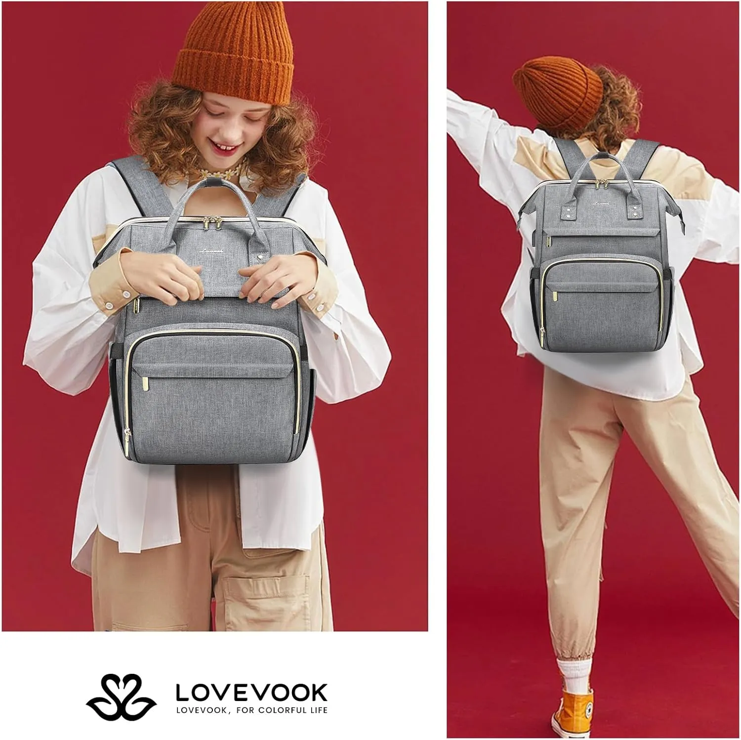 LOVEVOOK Laptop Backpack for Women,15.6 Inch Professional Womens Travel Backpack Purse Computer Laptop Bag Nurse Teacher Backpack,Waterproof College Work Bags Carry on Back Pack with USB Port,Grey