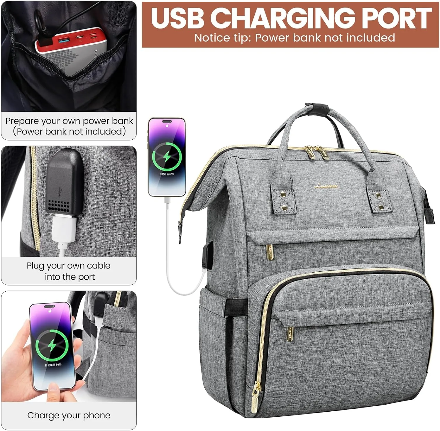 LOVEVOOK Laptop Backpack for Women,15.6 Inch Professional Womens Travel Backpack Purse Computer Laptop Bag Nurse Teacher Backpack,Waterproof College Work Bags Carry on Back Pack with USB Port,Grey
