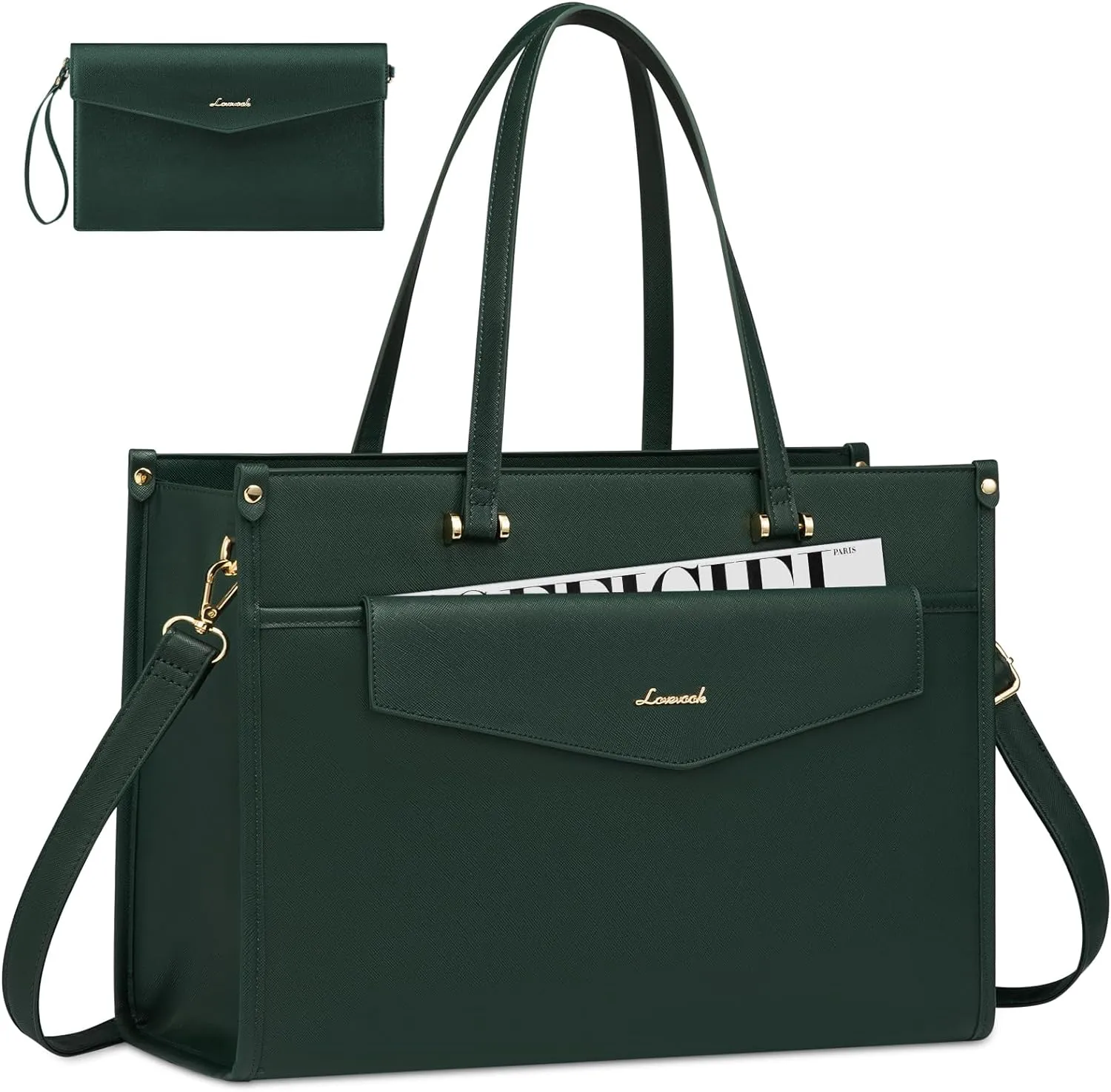 LOVEVOOK Laptop Bag for Women, 15.6 inch Laptop Tote Bag 2-in-1 Professional Work Bag Business Briefcase with Clutch Purse, Waterproof Leather Computer Handbag for Teacher Office Travel