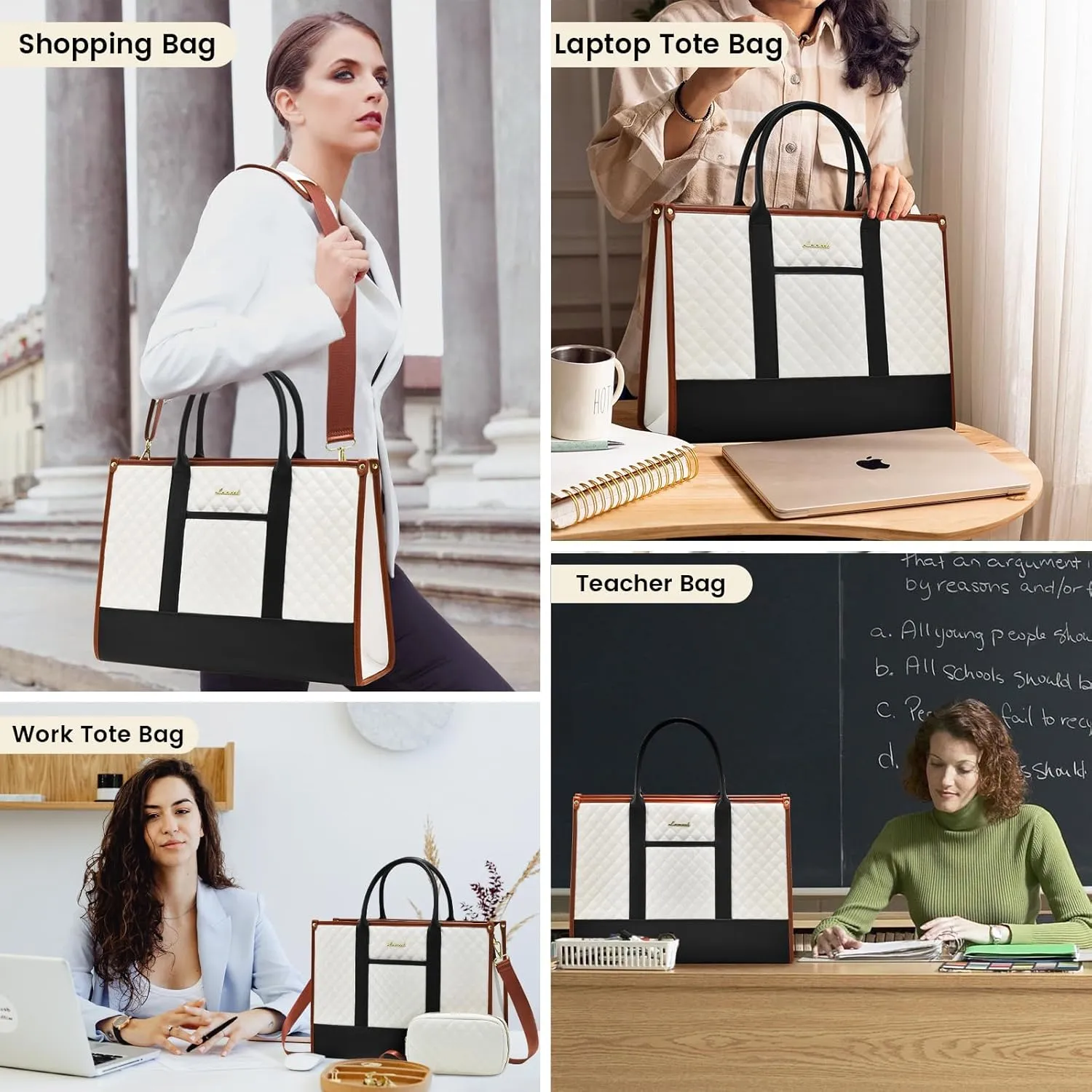 LOVEVOOK Laptop Bags for Women, 17 inch Waterproof Work Tote Bag with Clutch, Professional Teacher Computer Purse Lightweight Shoulder Bag Travel, Black White Brown