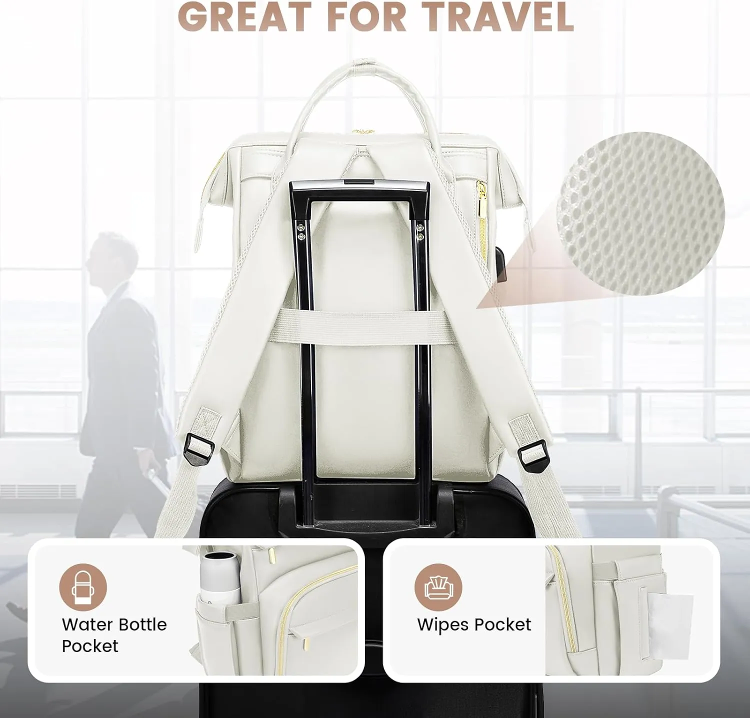 LOVEVOOK Leather Laptop Backpack for Women 15.6 inch,Travel Backpack Purse Nurse Teacher Backpacks Computer Laptop Bag,Professional College Business Work Carry On Backpack with USB Port,Beige White