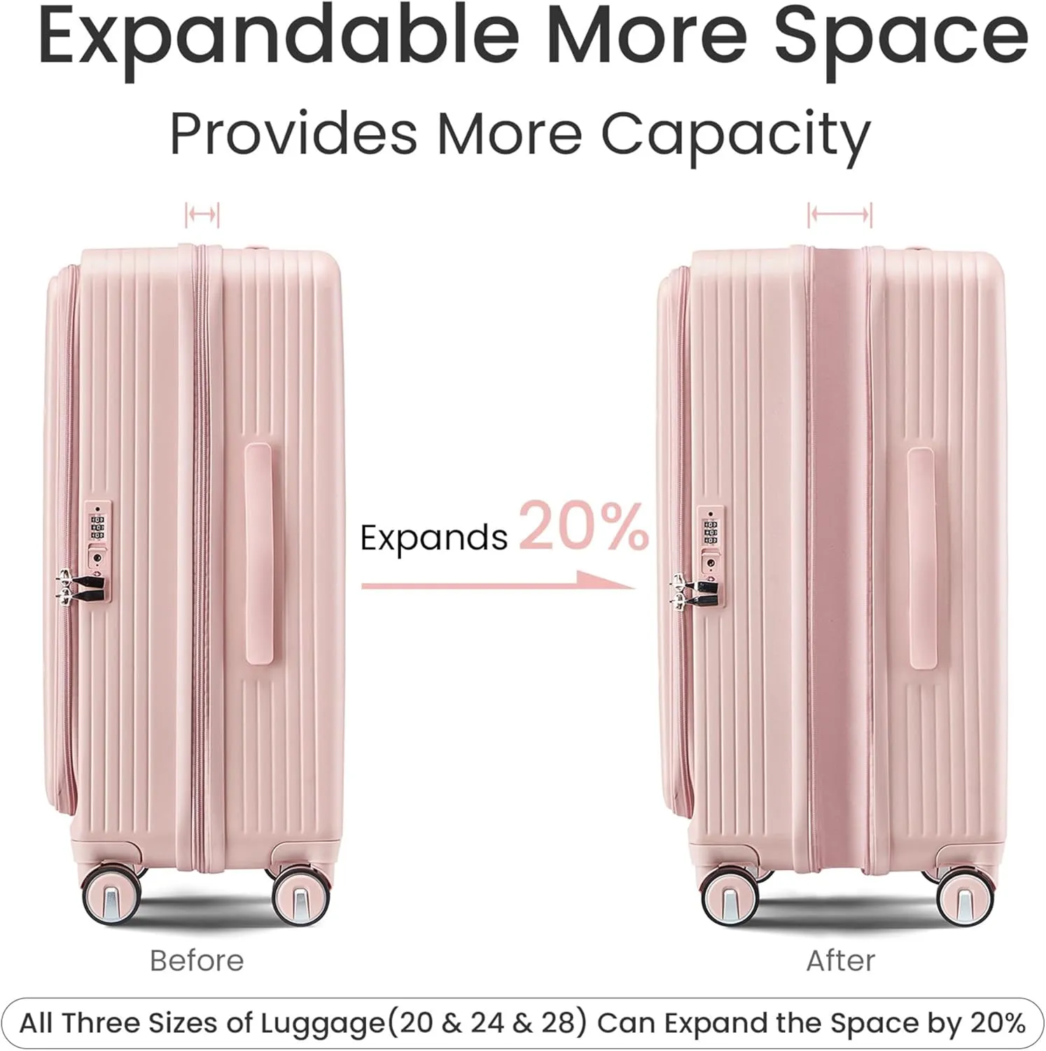 Luggage 3 Piece Sets, Front Open Hardshell Luggage Sets with PVC Cover, Expandable Carry On Suitcase Set with TSA Lock & Double Wheels, PC Lightweight 20in/24in/28in Luggage, Pink
