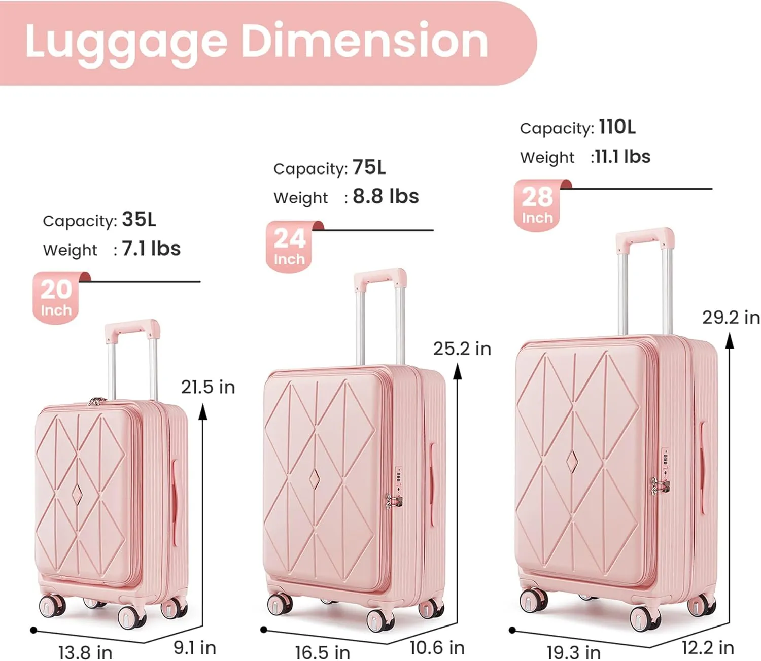 Luggage 3 Piece Sets, Front Open Hardshell Luggage Sets with PVC Cover, Expandable Carry On Suitcase Set with TSA Lock & Double Wheels, PC Lightweight 20in/24in/28in Luggage, Pink