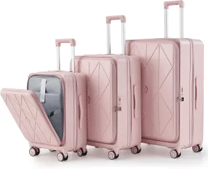 Luggage 3 Piece Sets, Front Open Hardshell Luggage Sets with PVC Cover, Expandable Carry On Suitcase Set with TSA Lock & Double Wheels, PC Lightweight 20in/24in/28in Luggage, Pink