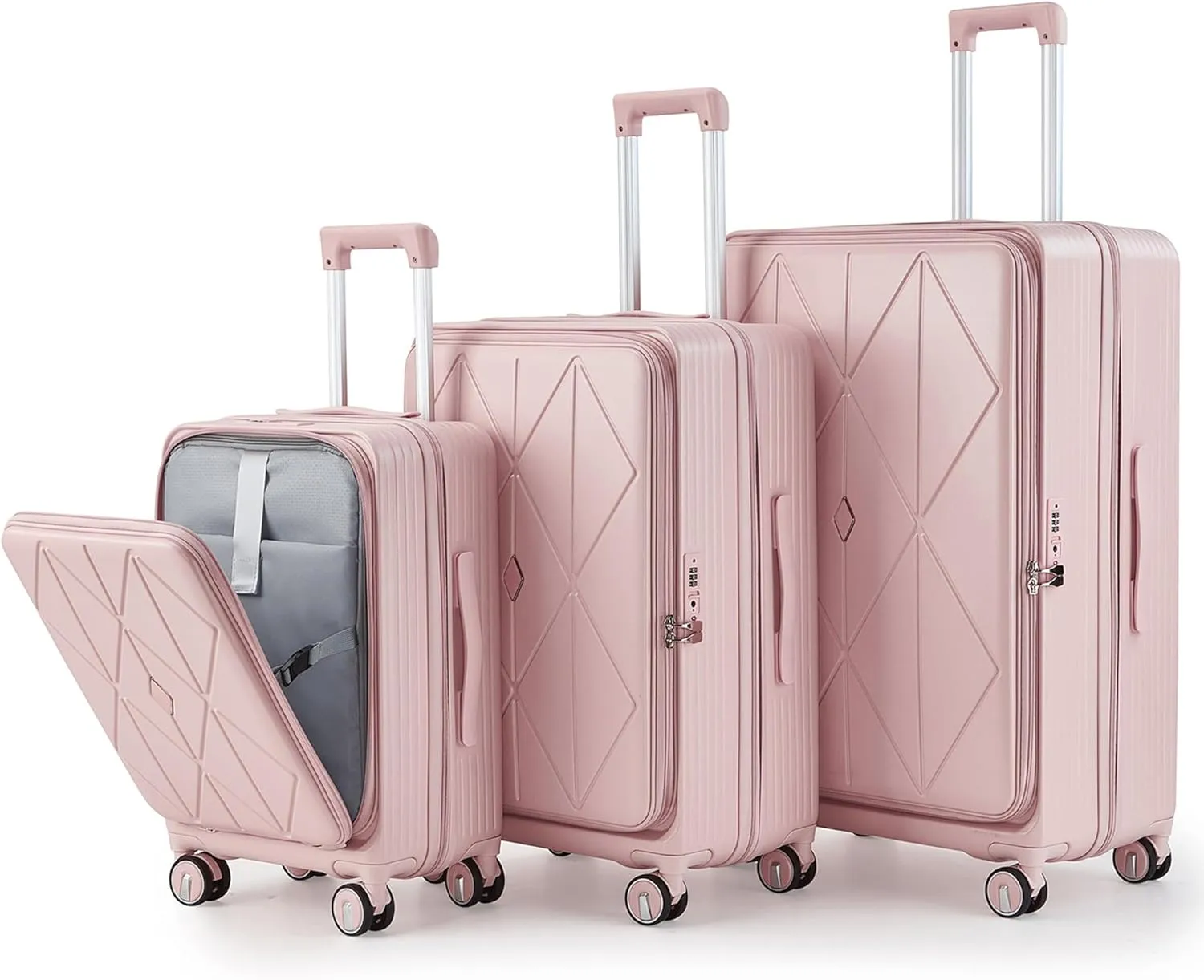 Luggage 3 Piece Sets, Front Open Hardshell Luggage Sets with PVC Cover, Expandable Carry On Suitcase Set with TSA Lock & Double Wheels, PC Lightweight 20in/24in/28in Luggage, Pink