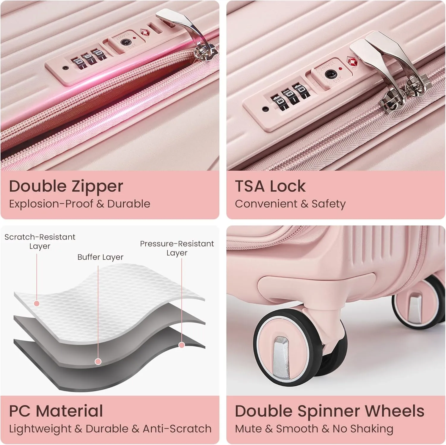 Luggage 3 Piece Sets, Front Open Hardshell Luggage Sets with PVC Cover, Expandable Carry On Suitcase Set with TSA Lock & Double Wheels, PC Lightweight 20in/24in/28in Luggage, Pink