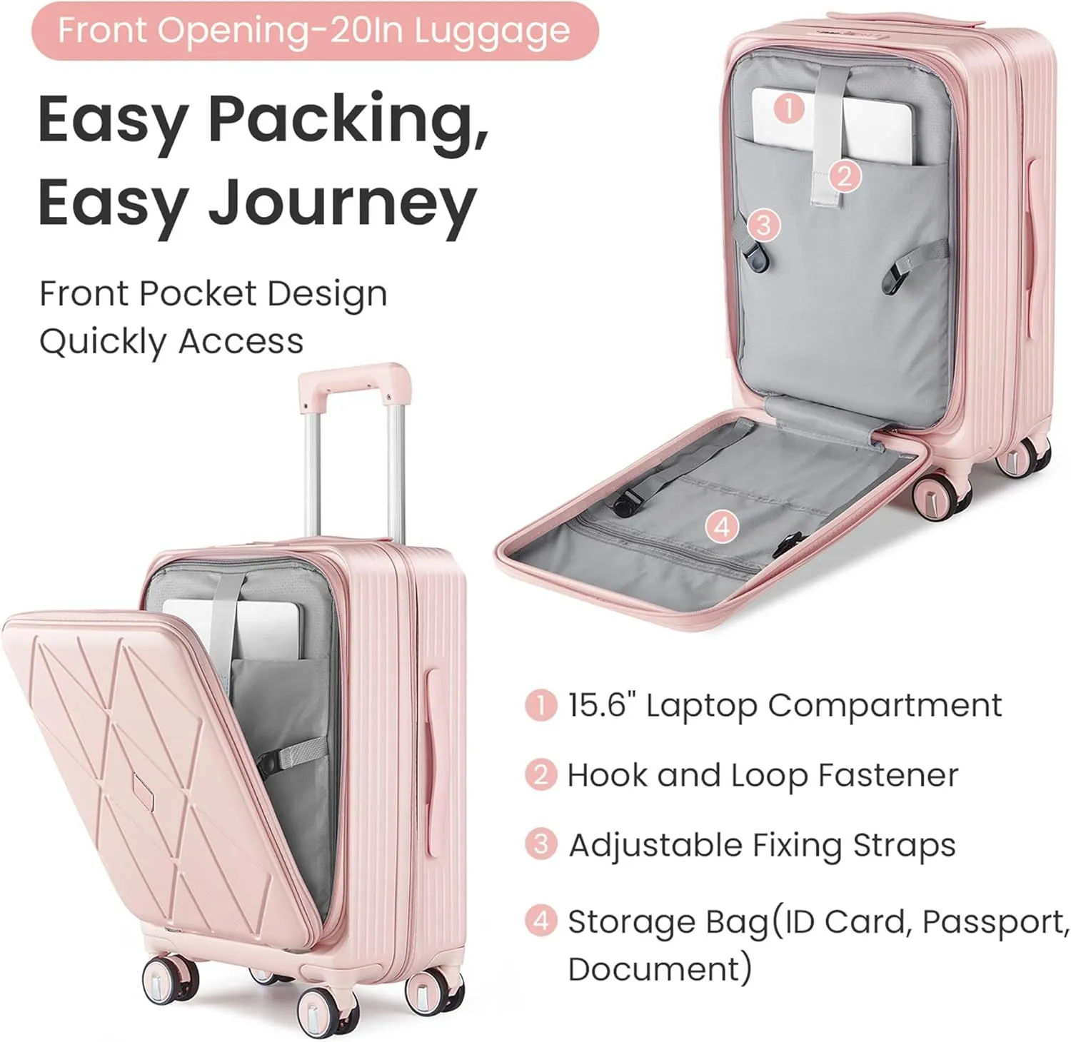 Luggage 3 Piece Sets, Front Open Hardshell Luggage Sets with PVC Cover, Expandable Carry On Suitcase Set with TSA Lock & Double Wheels, PC Lightweight 20in/24in/28in Luggage, Pink