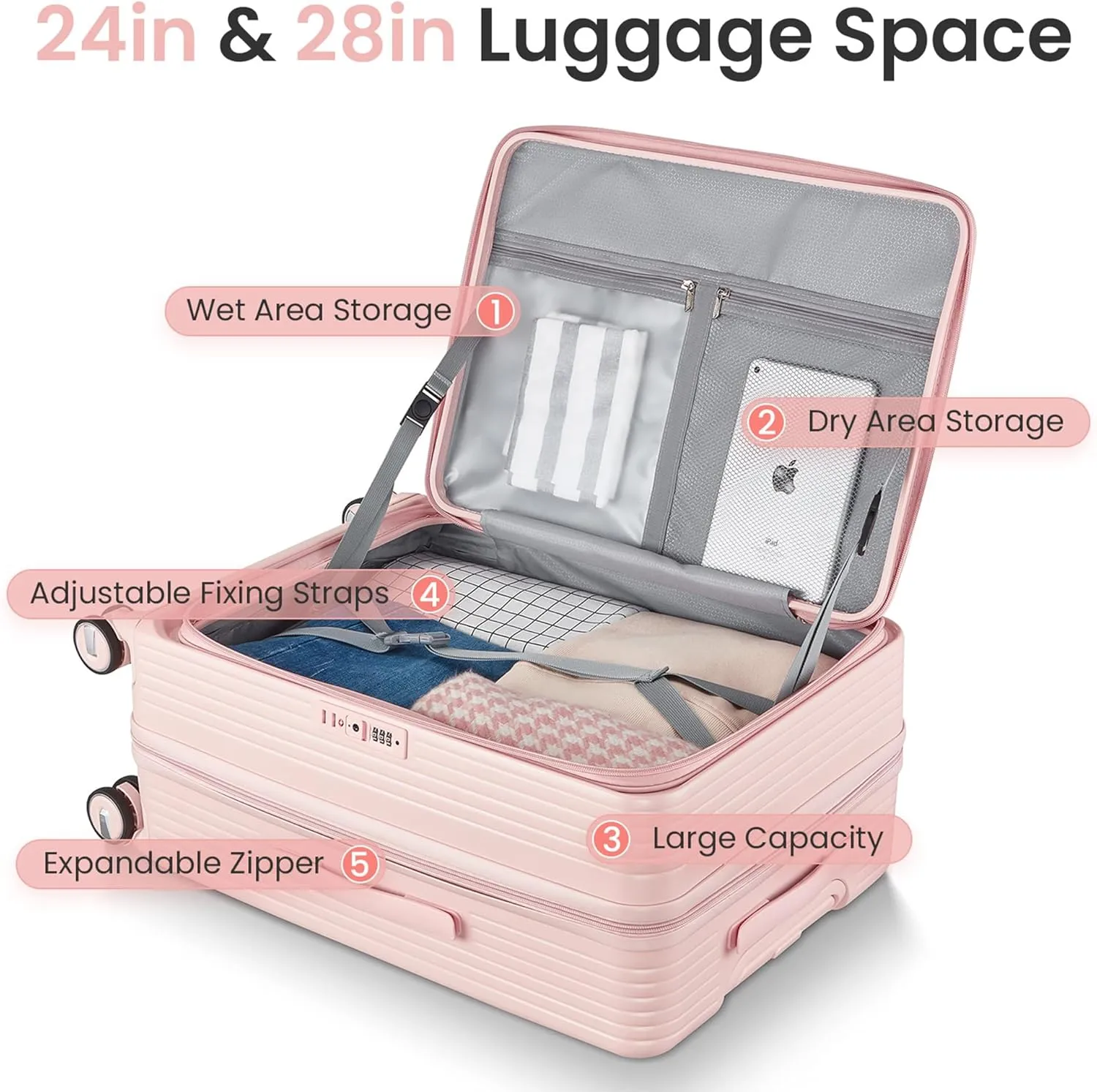Luggage 3 Piece Sets, Front Open Hardshell Luggage Sets with PVC Cover, Expandable Carry On Suitcase Set with TSA Lock & Double Wheels, PC Lightweight 20in/24in/28in Luggage, Pink