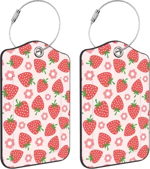 Luggage Tags for Suitcase Cute Strawberry 2 PCS Leather Travel Luggage Tag with Stainless Steel Loop Name ID Label Privacy Cover for Women Men Travel