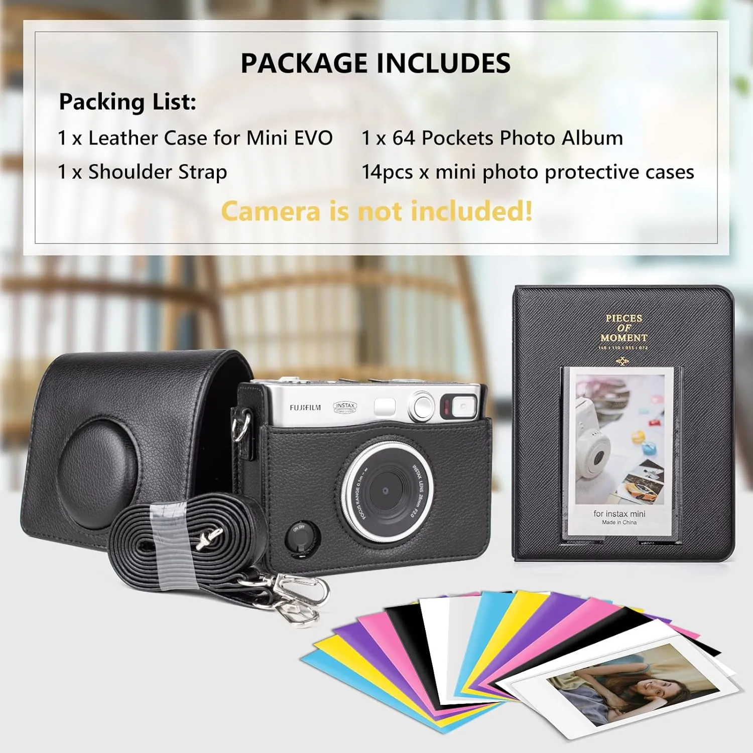 Mini Evo Protective Case and Accessories for Fujifilm Instax Mini Evo Instant Camera - Black Case with Album and Shoulder Strap