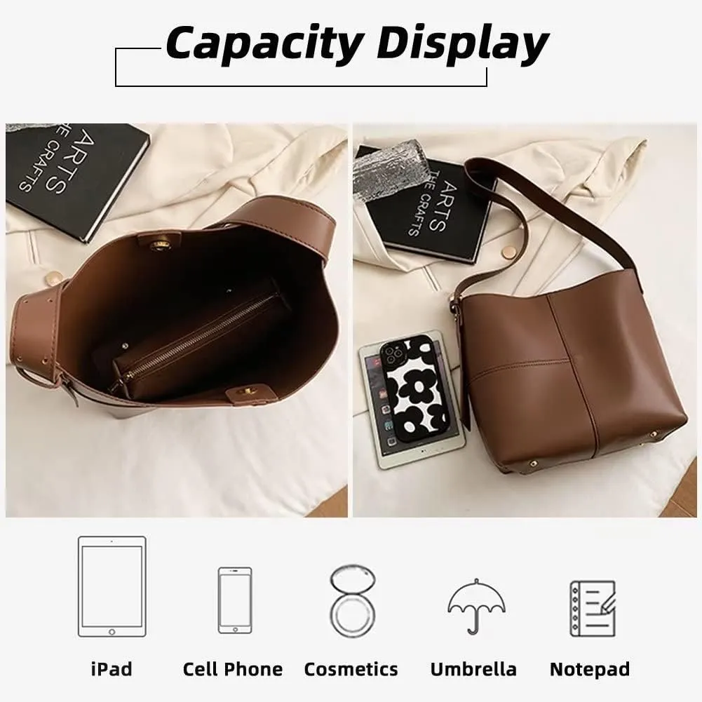 Mudono Shoulder Bag for Women Minimalist Bucket Bag Spacious Tote Handbag Everyday Commuter Bag with Zipper Cosmetic Pouch