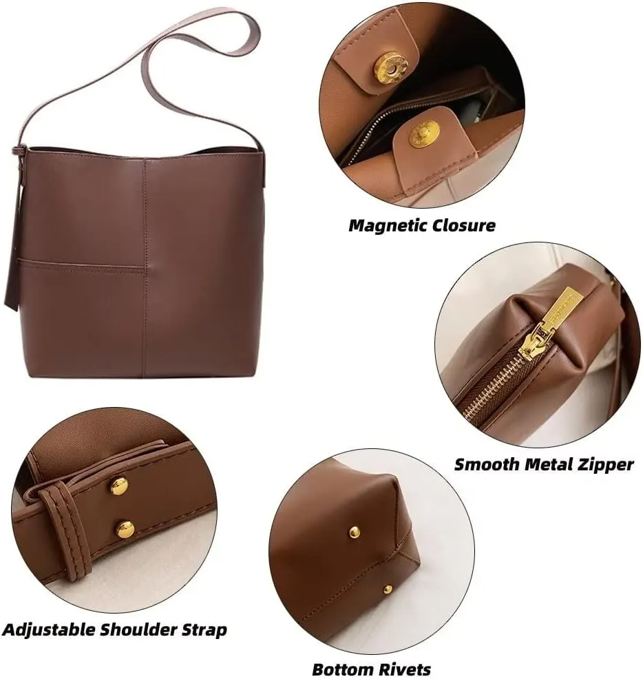 Mudono Shoulder Bag for Women Minimalist Bucket Bag Spacious Tote Handbag Everyday Commuter Bag with Zipper Cosmetic Pouch