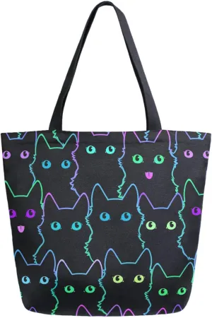 Naanle Womens Extra Large Stylish Rainbow Eyes Black Cats Canvas Reusable Market Beach Travel Gym Shopping Shoulder Tote Bag