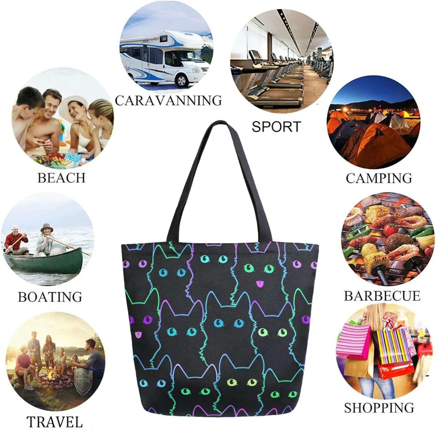 Naanle Womens Extra Large Stylish Rainbow Eyes Black Cats Canvas Reusable Market Beach Travel Gym Shopping Shoulder Tote Bag