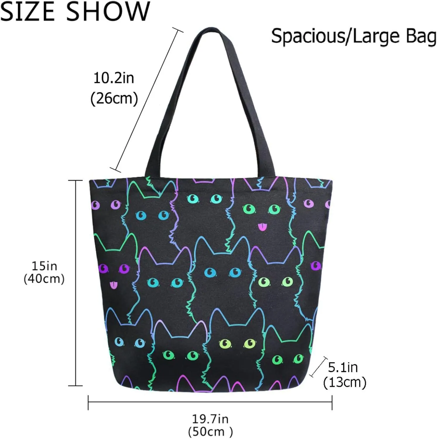 Naanle Womens Extra Large Stylish Rainbow Eyes Black Cats Canvas Reusable Market Beach Travel Gym Shopping Shoulder Tote Bag