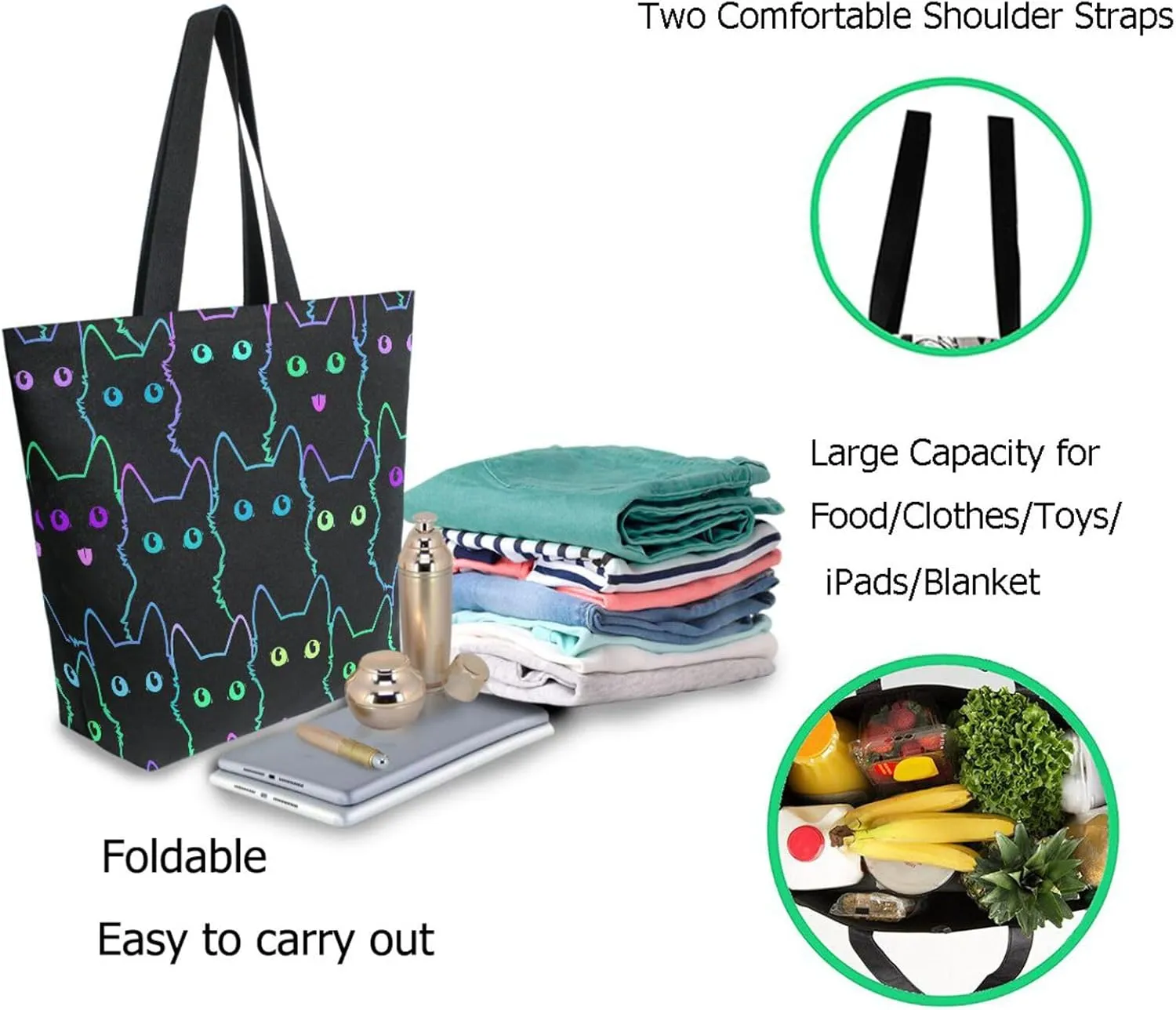 Naanle Womens Extra Large Stylish Rainbow Eyes Black Cats Canvas Reusable Market Beach Travel Gym Shopping Shoulder Tote Bag