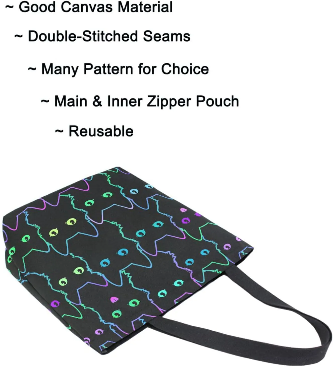 Naanle Womens Extra Large Stylish Rainbow Eyes Black Cats Canvas Reusable Market Beach Travel Gym Shopping Shoulder Tote Bag