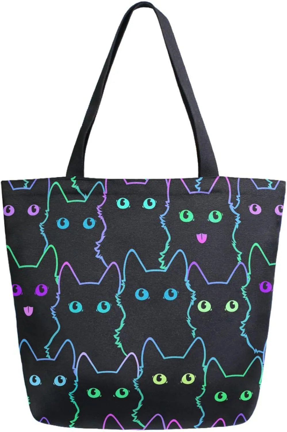 Naanle Womens Extra Large Stylish Rainbow Eyes Black Cats Canvas Reusable Market Beach Travel Gym Shopping Shoulder Tote Bag