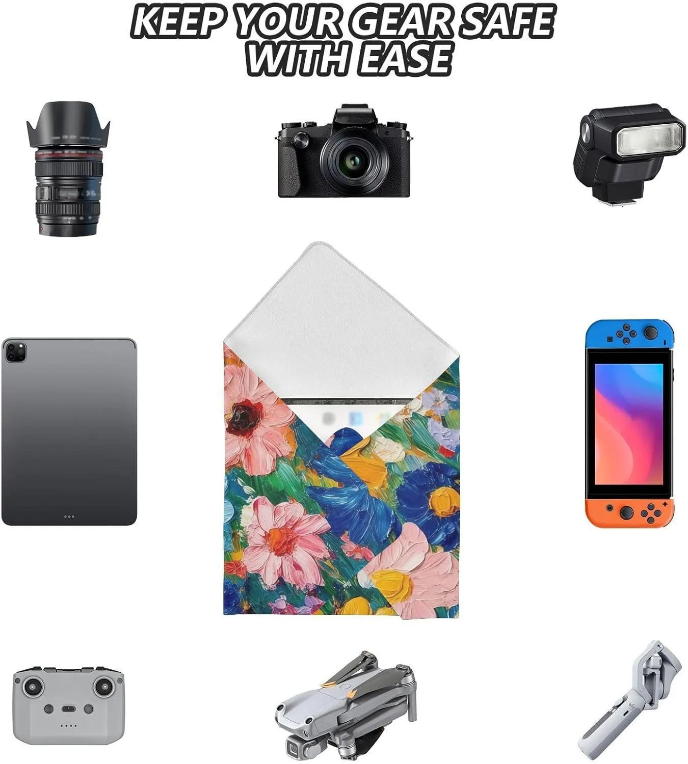 Oil Painting Flowers White Magic Self-Adhesive Cloth Protective Camera Lens Wrapper for Photographers Anti-scratch Dustproof Equipment Wrap for Camera Lens DSLR Accessories (21.7" x 21.7")