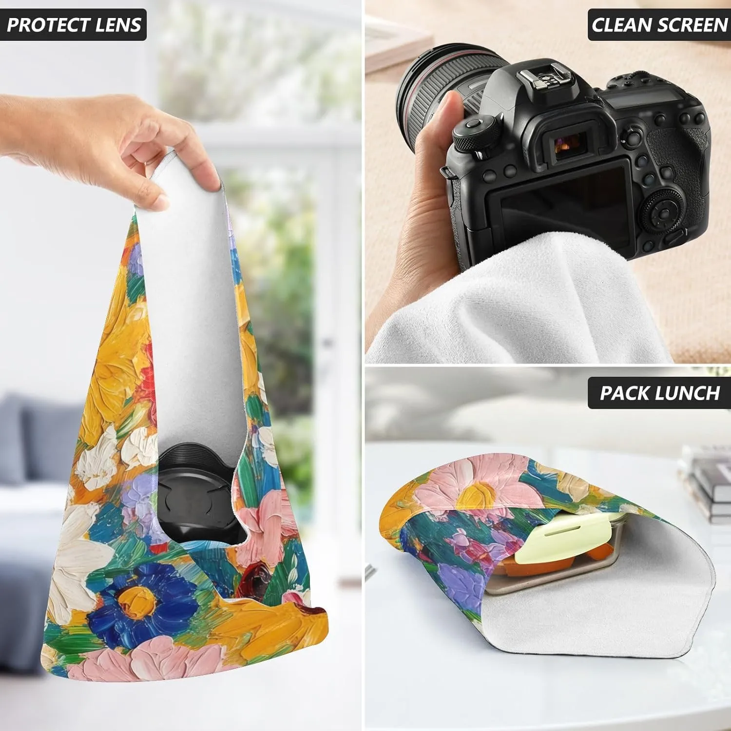 Oil Painting Flowers White Magic Self-Adhesive Cloth Protective Camera Lens Wrapper for Photographers Anti-scratch Dustproof Equipment Wrap for Camera Lens DSLR Accessories (21.7" x 21.7")