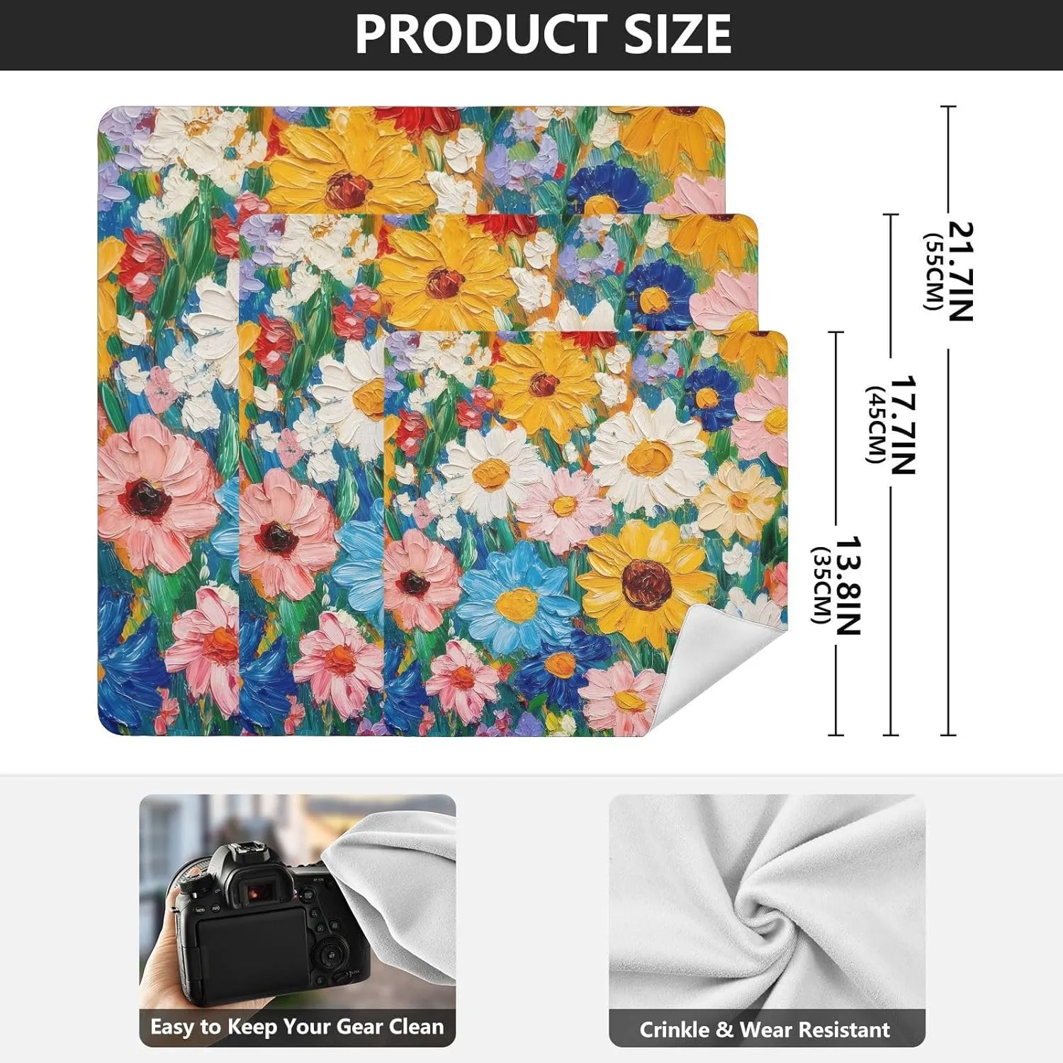 Oil Painting Flowers White Magic Self-Adhesive Cloth Protective Camera Lens Wrapper for Photographers Anti-scratch Dustproof Equipment Wrap for Camera Lens DSLR Accessories (21.7" x 21.7")