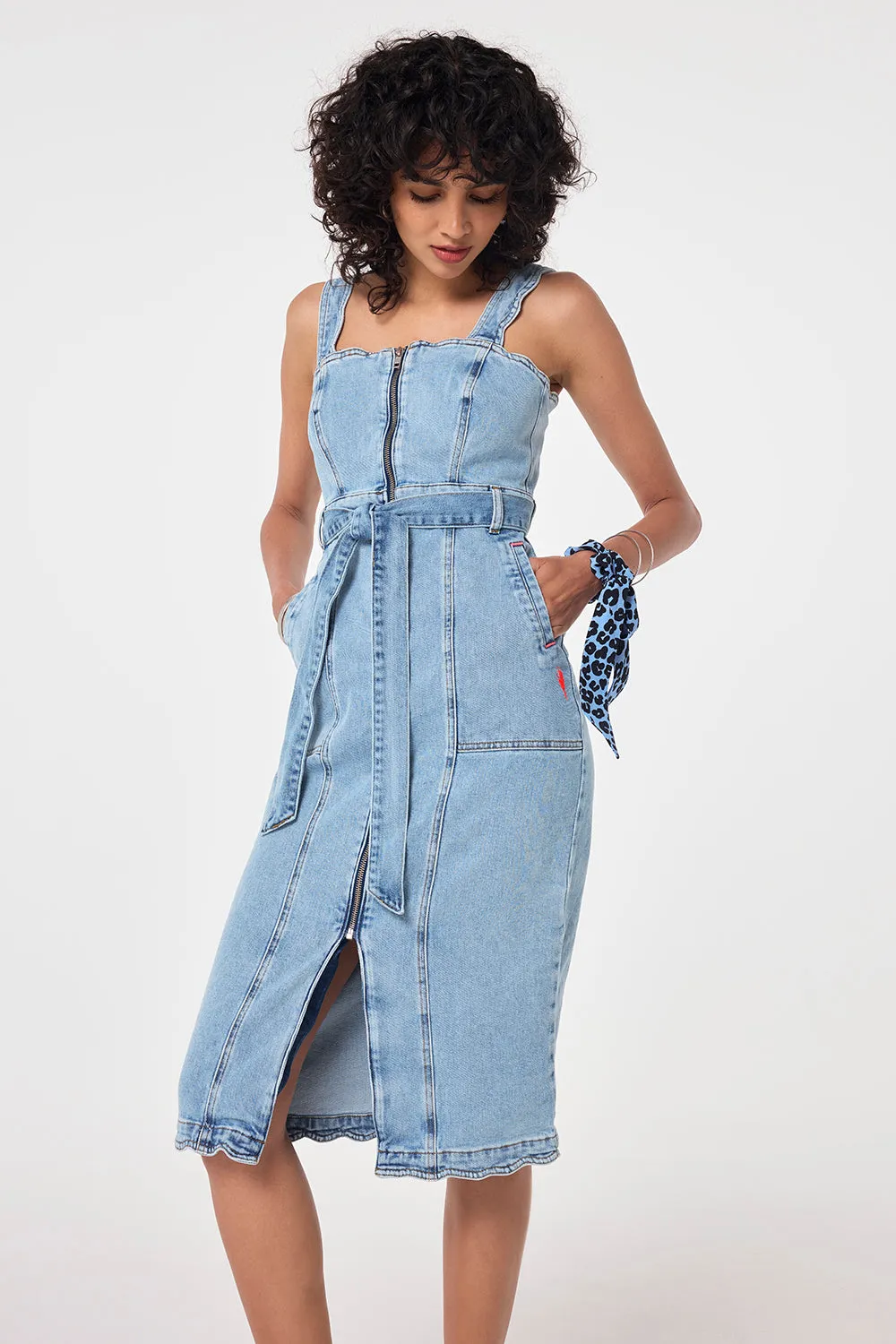 Pale Indigo Wash Scallop Strappy Denim Sundress