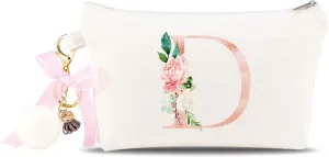 PARBEE Floral Initial Canvas Makeup Bag Zipper Cosmetic Pouch with Keychain, Monogrammed Gift for Girls Women Mom Teacher Birthday Valentine's Day Mother's Day Bridal Shower