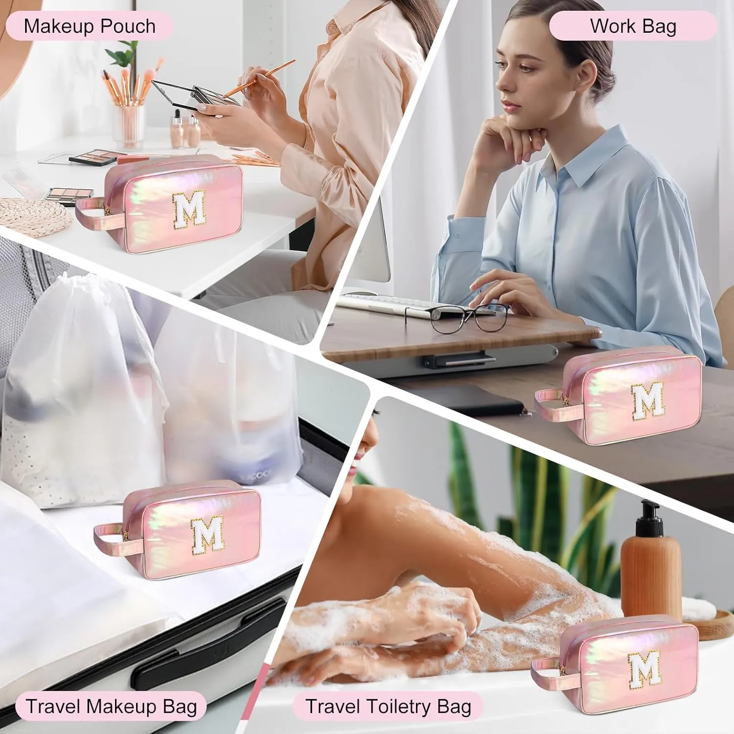 Personalized Initial Makeup bag for woman,Travel Makeup Bag,Gift for Women,Mom,Monogram Preppy Makeup Bag Cosmetic Bag Set (Letter M)