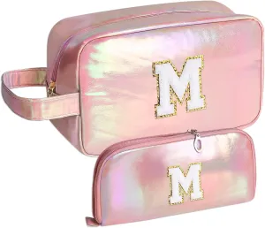 Personalized Initial Makeup bag for woman,Travel Makeup Bag,Gift for Women,Mom,Monogram Preppy Makeup Bag Cosmetic Bag Set (Letter M)
