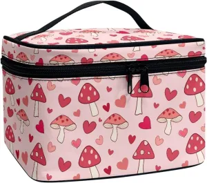 Pink Mushroom Professional Makeup Organizer  Large Travel Makeup Bag with 5 Brush Pockets & Zippered Compartment | Polyester Makeup Bags for Women