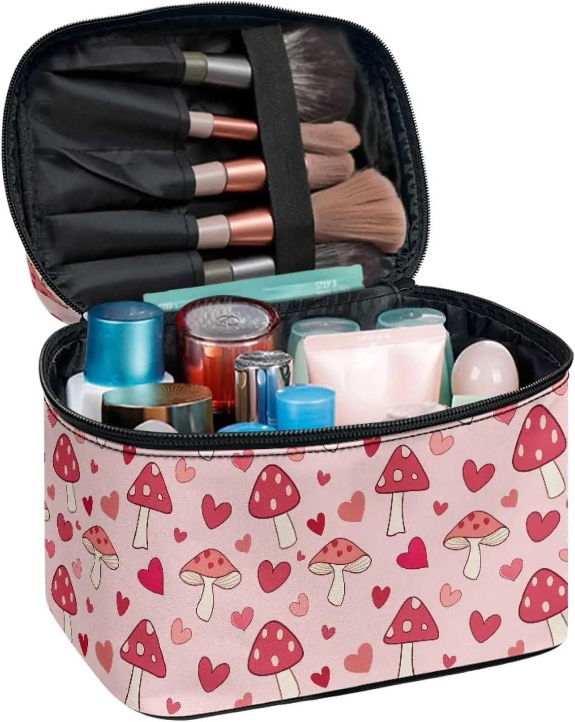 Pink Mushroom Professional Makeup Organizer  Large Travel Makeup Bag with 5 Brush Pockets & Zippered Compartment | Polyester Makeup Bags for Women