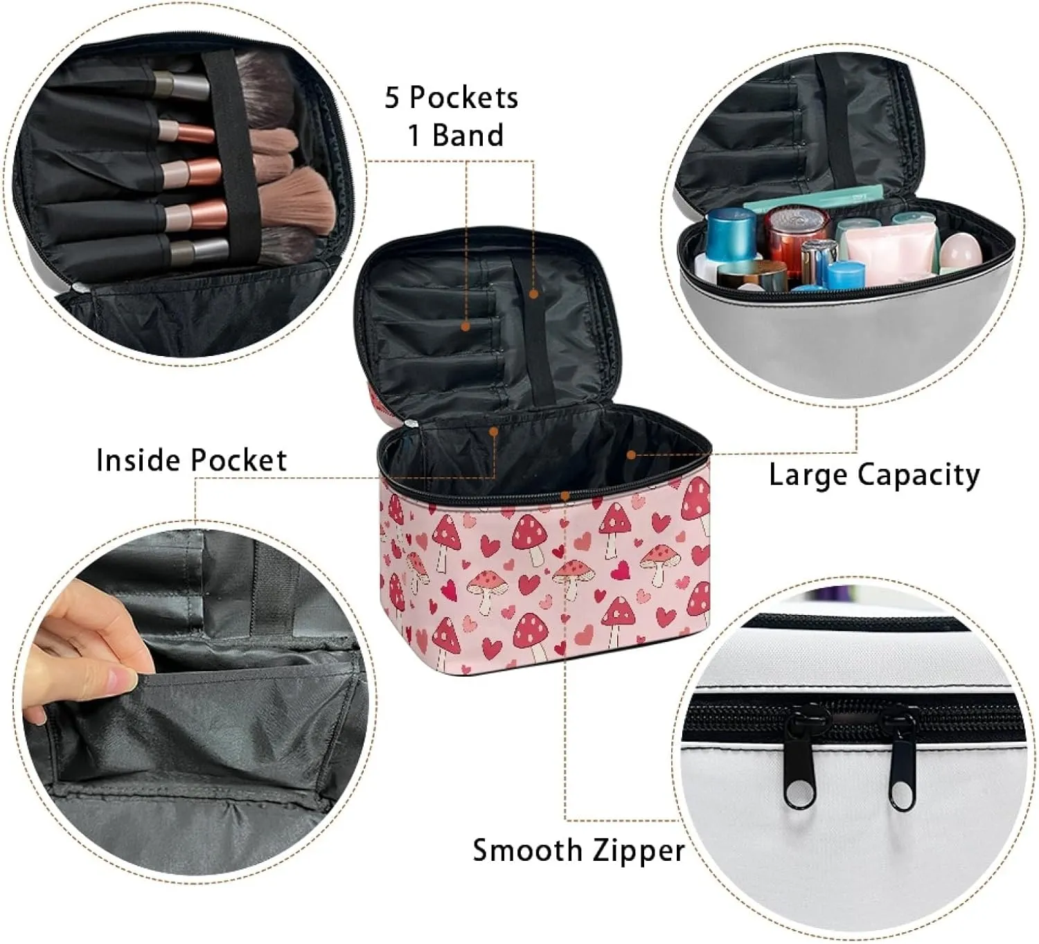 Pink Mushroom Professional Makeup Organizer  Large Travel Makeup Bag with 5 Brush Pockets & Zippered Compartment | Polyester Makeup Bags for Women