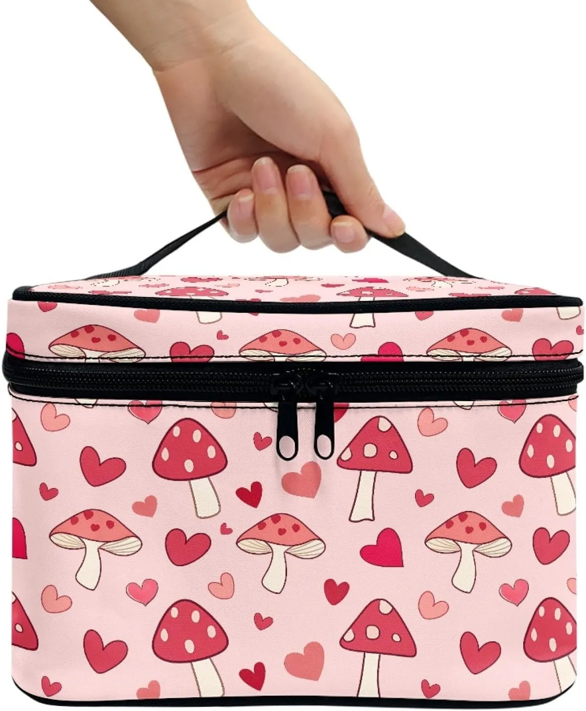 Pink Mushroom Professional Makeup Organizer  Large Travel Makeup Bag with 5 Brush Pockets & Zippered Compartment | Polyester Makeup Bags for Women